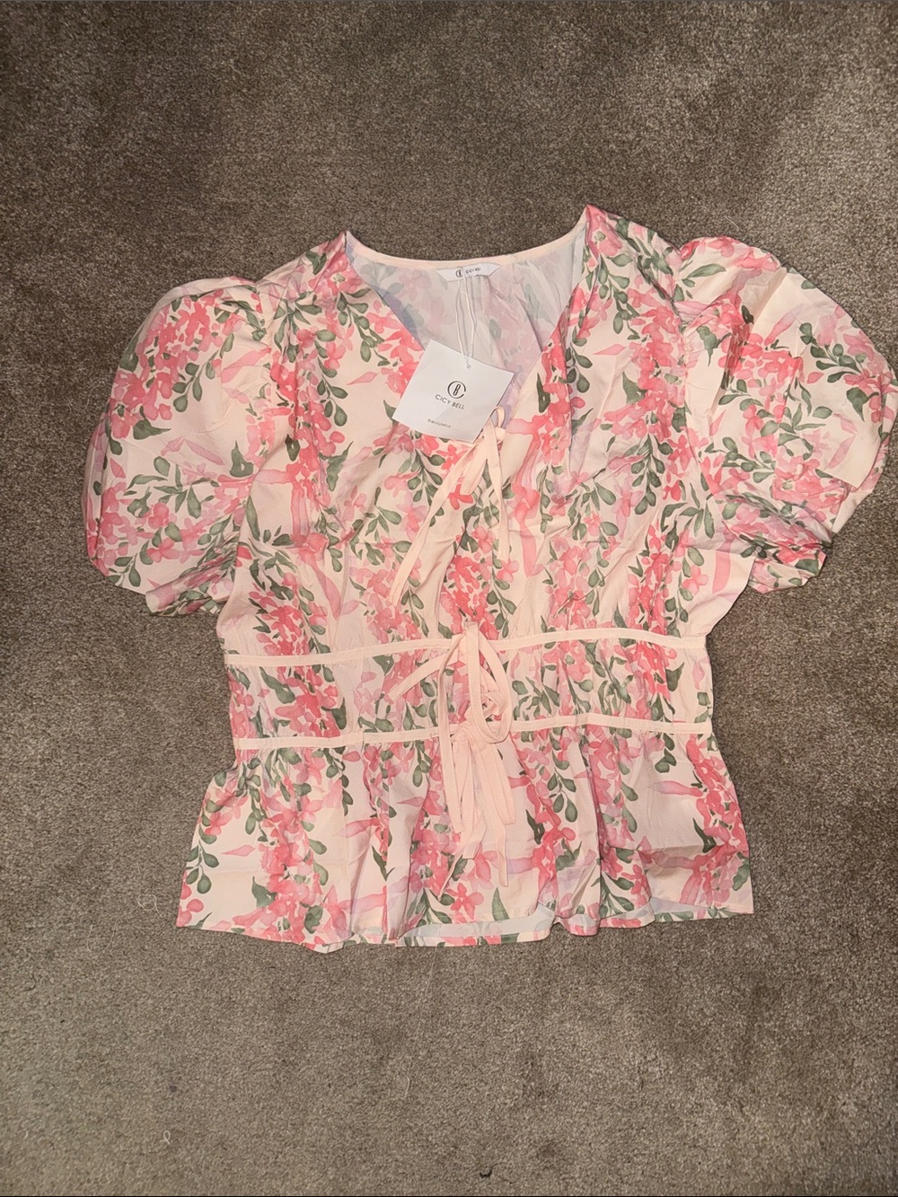 Pink Floral Puff-Sleeve Tie-Front Blouse - Women